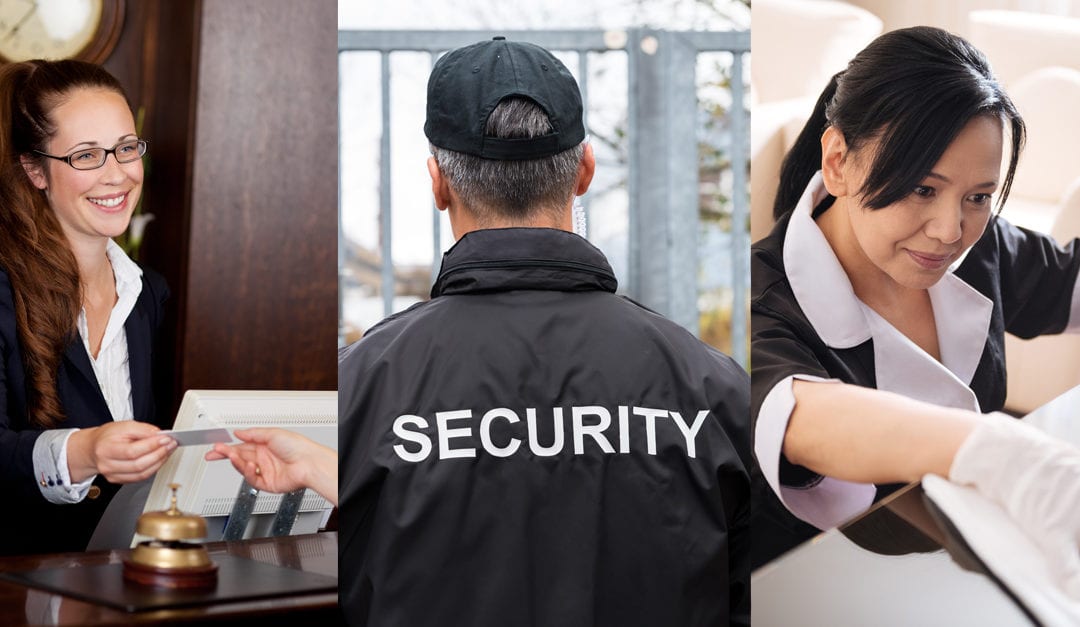 three images, a concierge, a security guard and a janitor