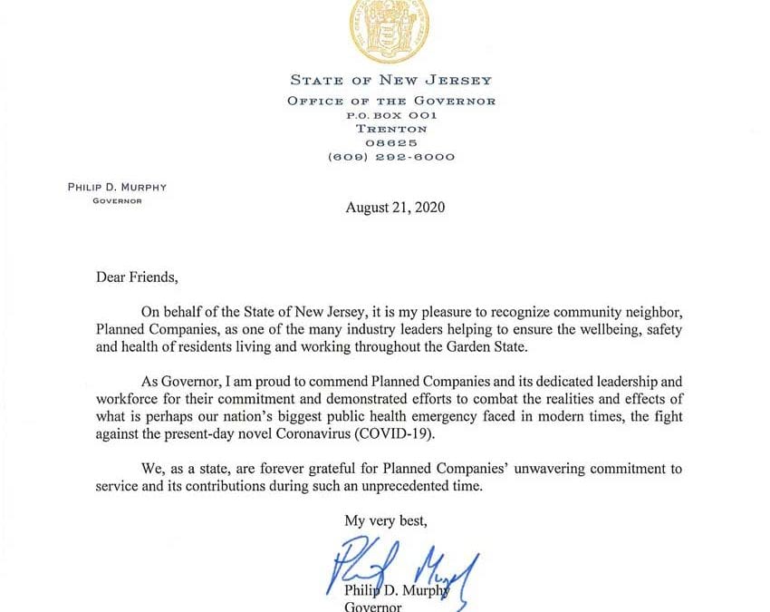 a letter from Gov. Murphy thanking Planned for helping during the COVID-19 crisis