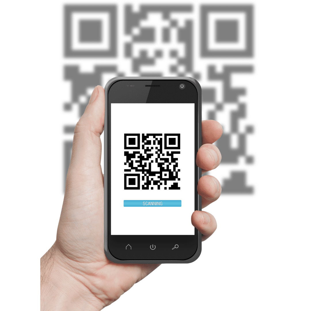 a hand holding a mobile phone with a QR code on the screen